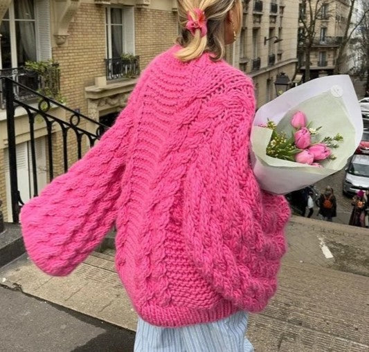 Chunky Cable Knit Flared Sleeve Jumper - Rose - 1