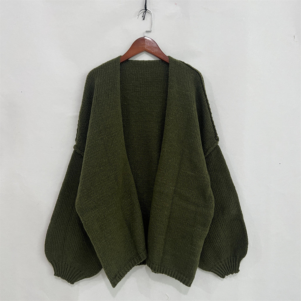 Slouchy Open Front Balloon Sleeve Cardigan - Green