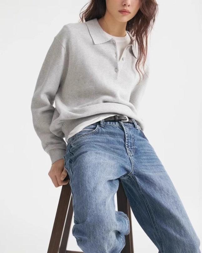 Slouchy Polo Collar Knit Top - Gray