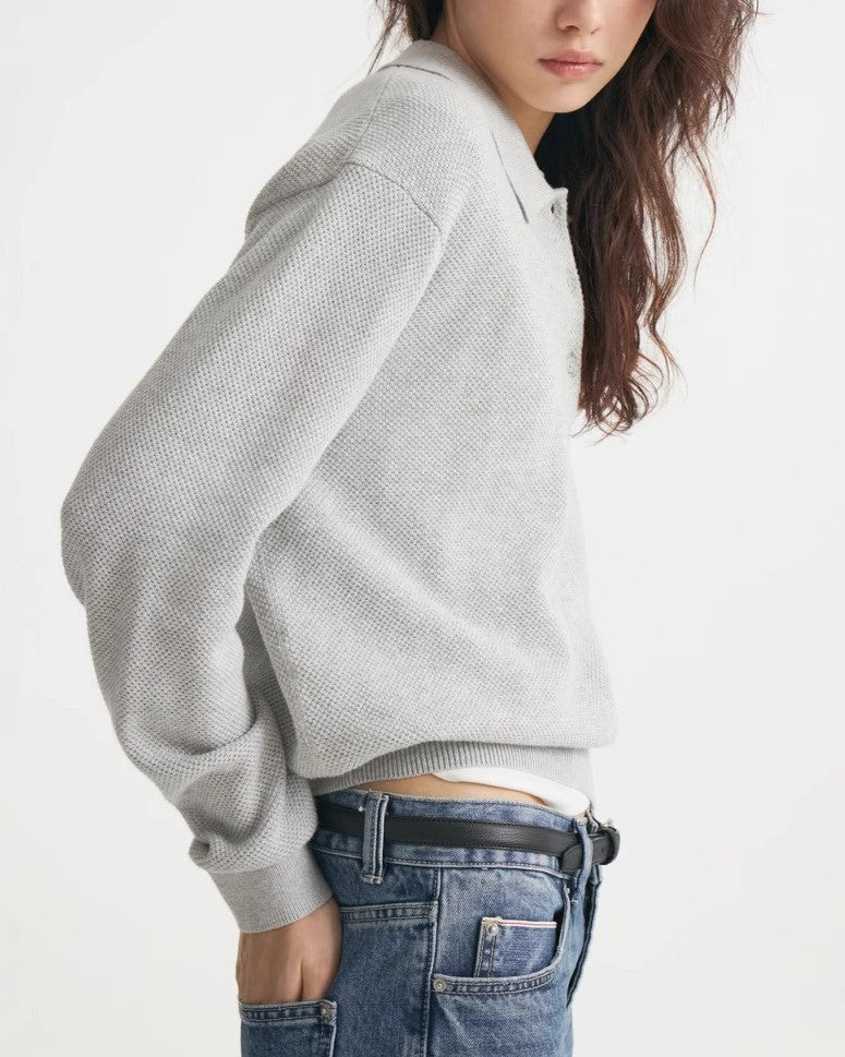 Slouchy Polo Collar Knit Top - Gray - 1