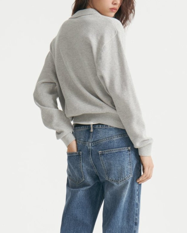 Slouchy Polo Collar Knit Top - Gray - 2