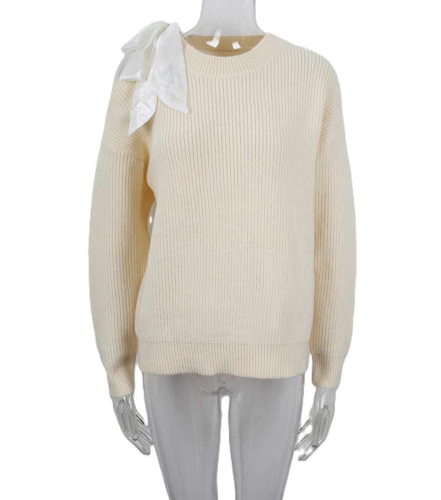Satin Bow Cold Shoulder Ribbed Knit Sweater - Apricot