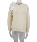 Satin Bow Cold Shoulder Ribbed Knit Sweater - Apricot