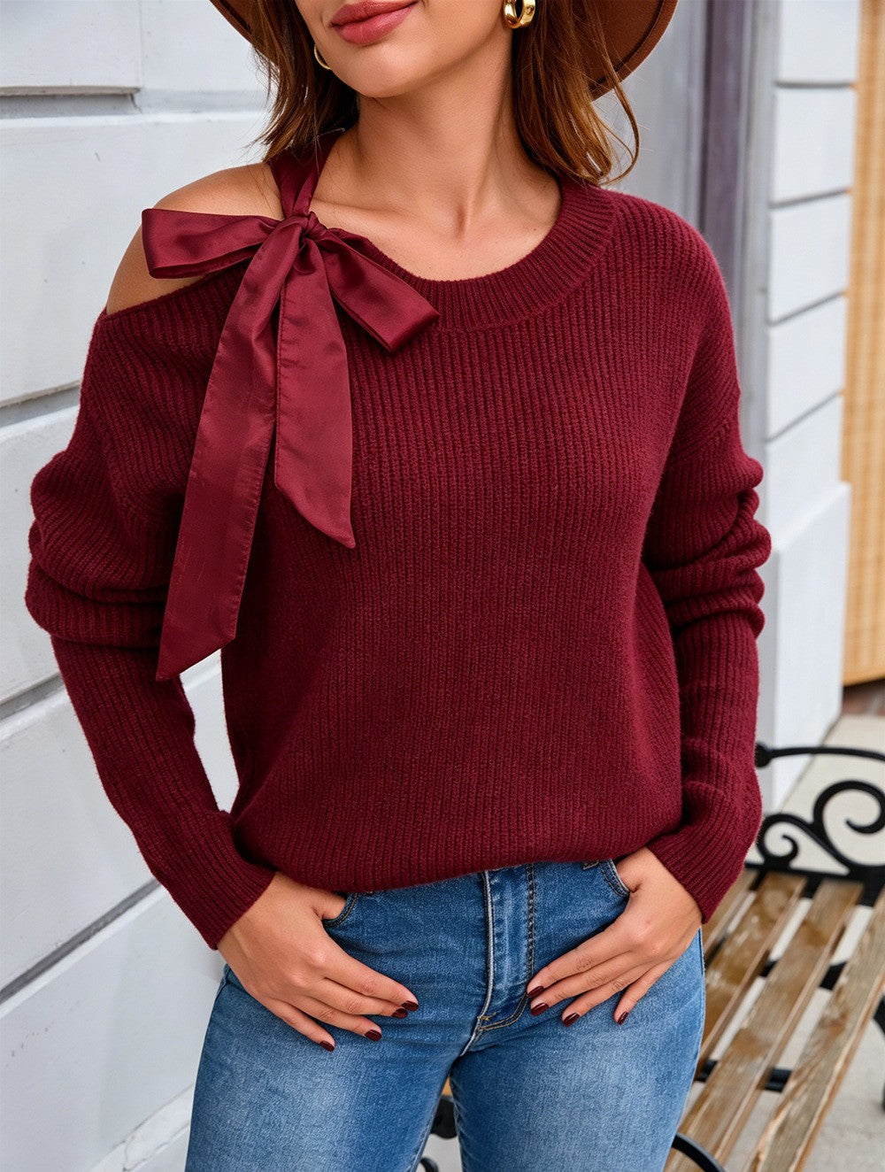 Satin Bow Cold Shoulder Ribbed Knit Sweater - WineRed