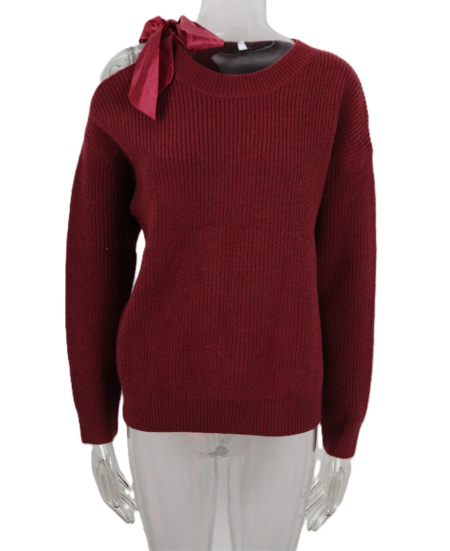 Satin Bow Cold Shoulder Ribbed Knit Sweater - WineRed - 1
