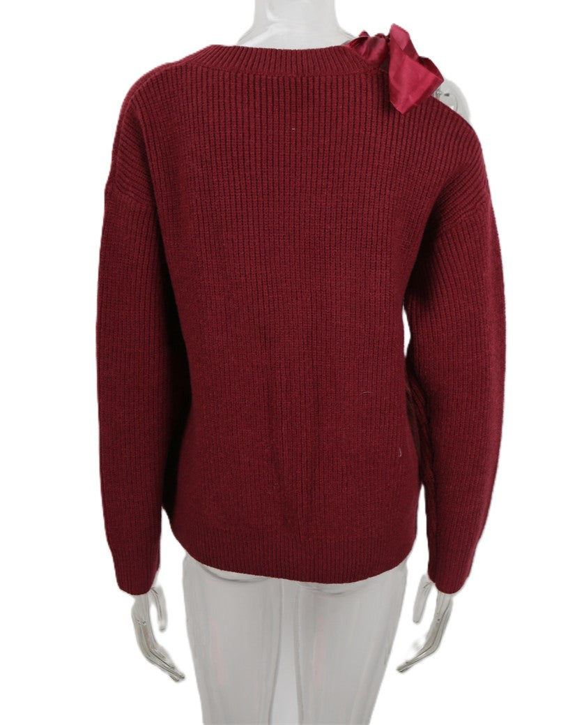 Satin Bow Cold Shoulder Ribbed Knit Sweater - WineRed - 2