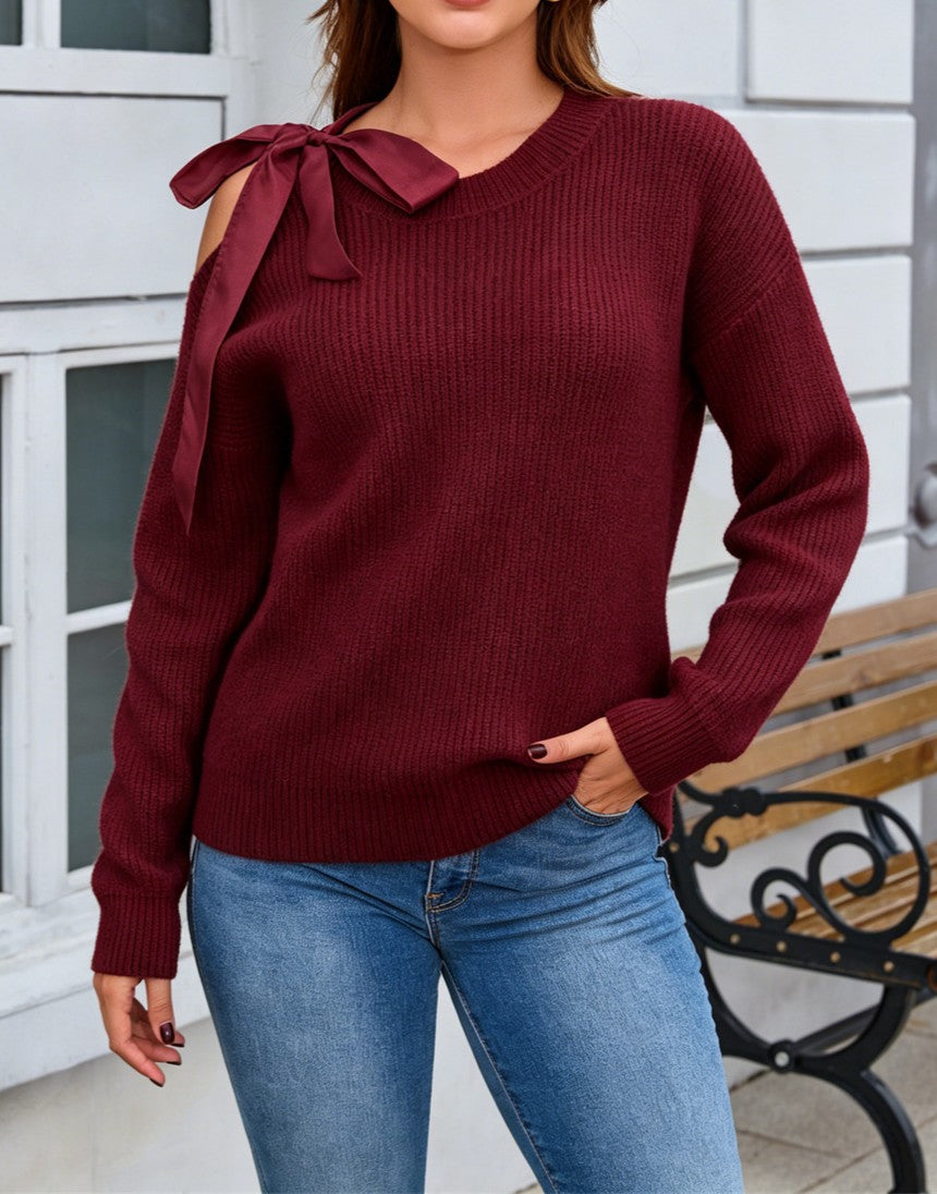 Satin Bow Cold Shoulder Ribbed Knit Sweater - WineRed - 3