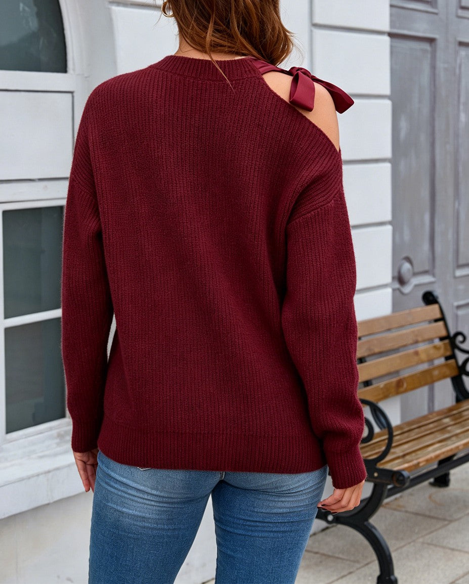 Satin Bow Cold Shoulder Ribbed Knit Sweater - WineRed - 4
