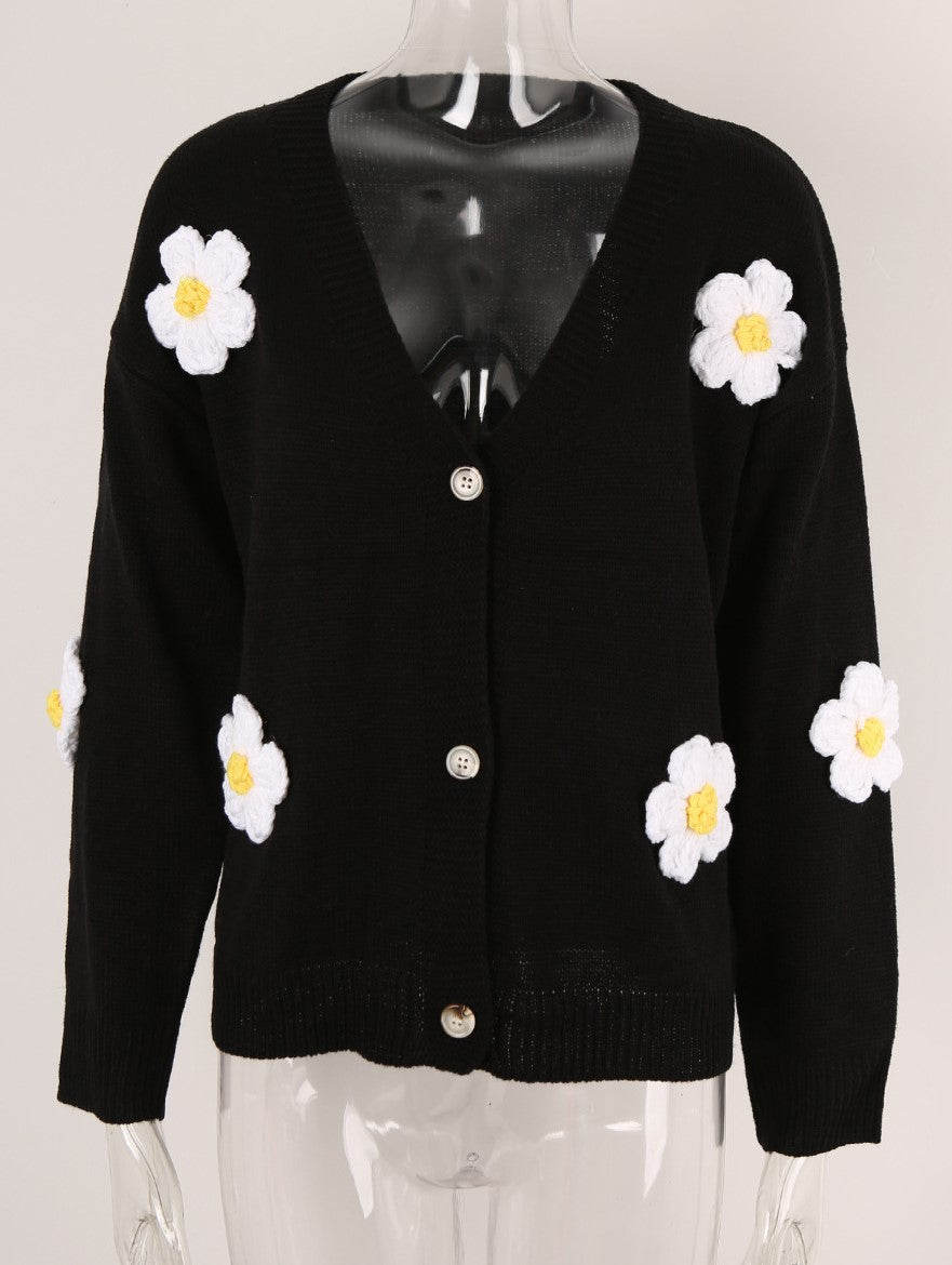 Applique Daisy V Neck Button Cardigan - Black - 2