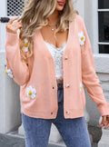 Applique Daisy V Neck Button Cardigan - Pink