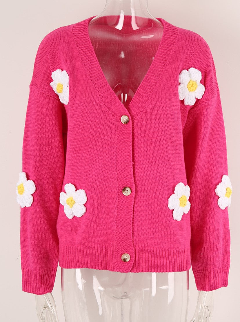 Applique Daisy V Neck Button Cardigan - Rosered - 1