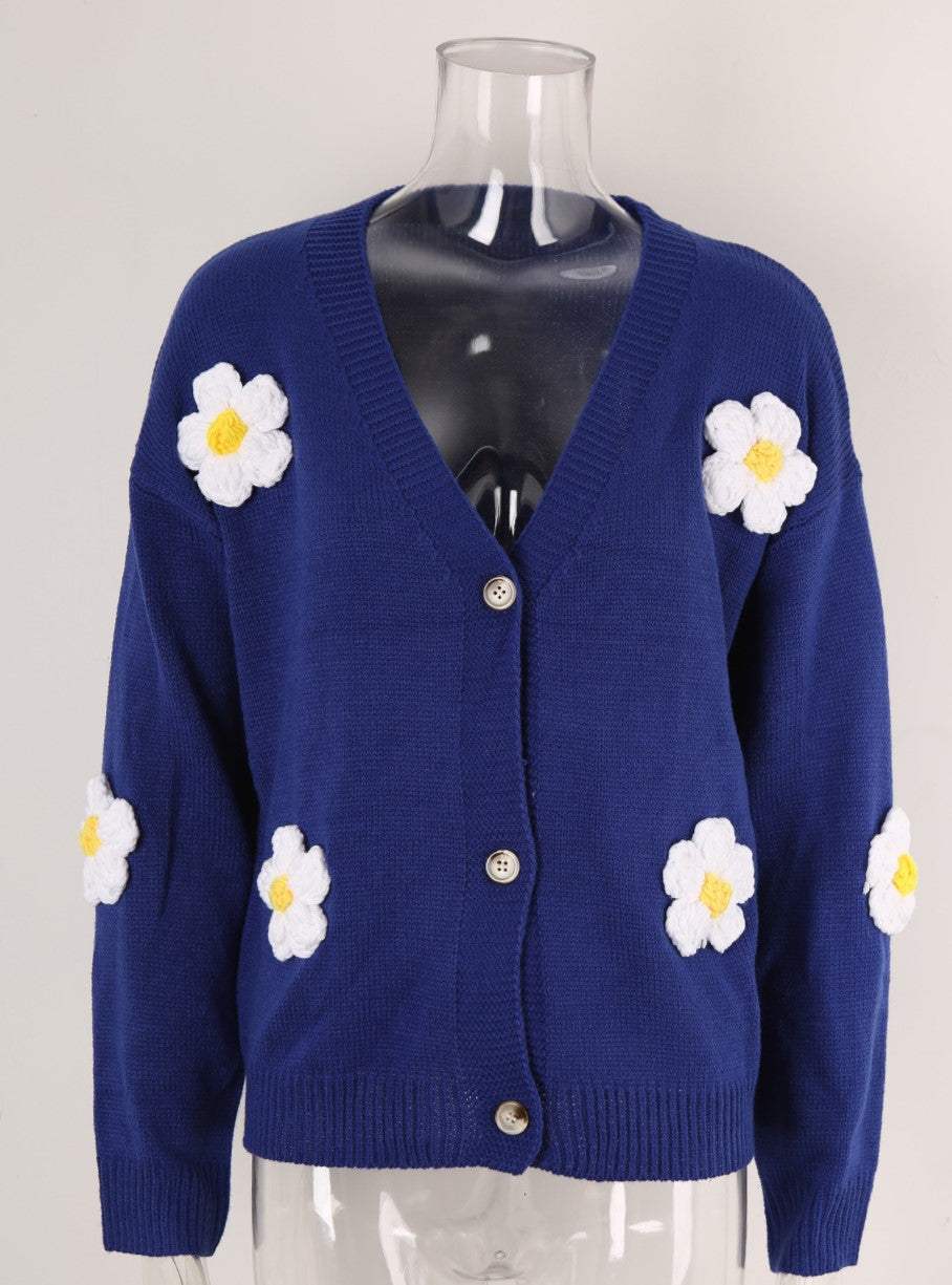 Applique Daisy V Neck Button Cardigan - RoyalBlue - 2