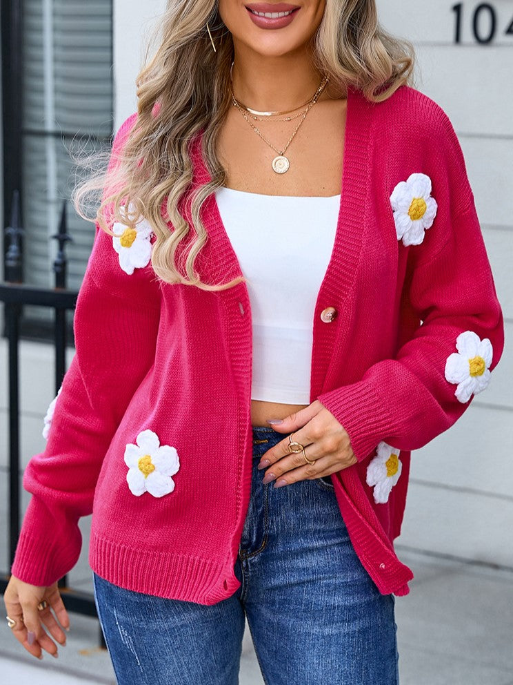 Applique Daisy V Neck Button Cardigan