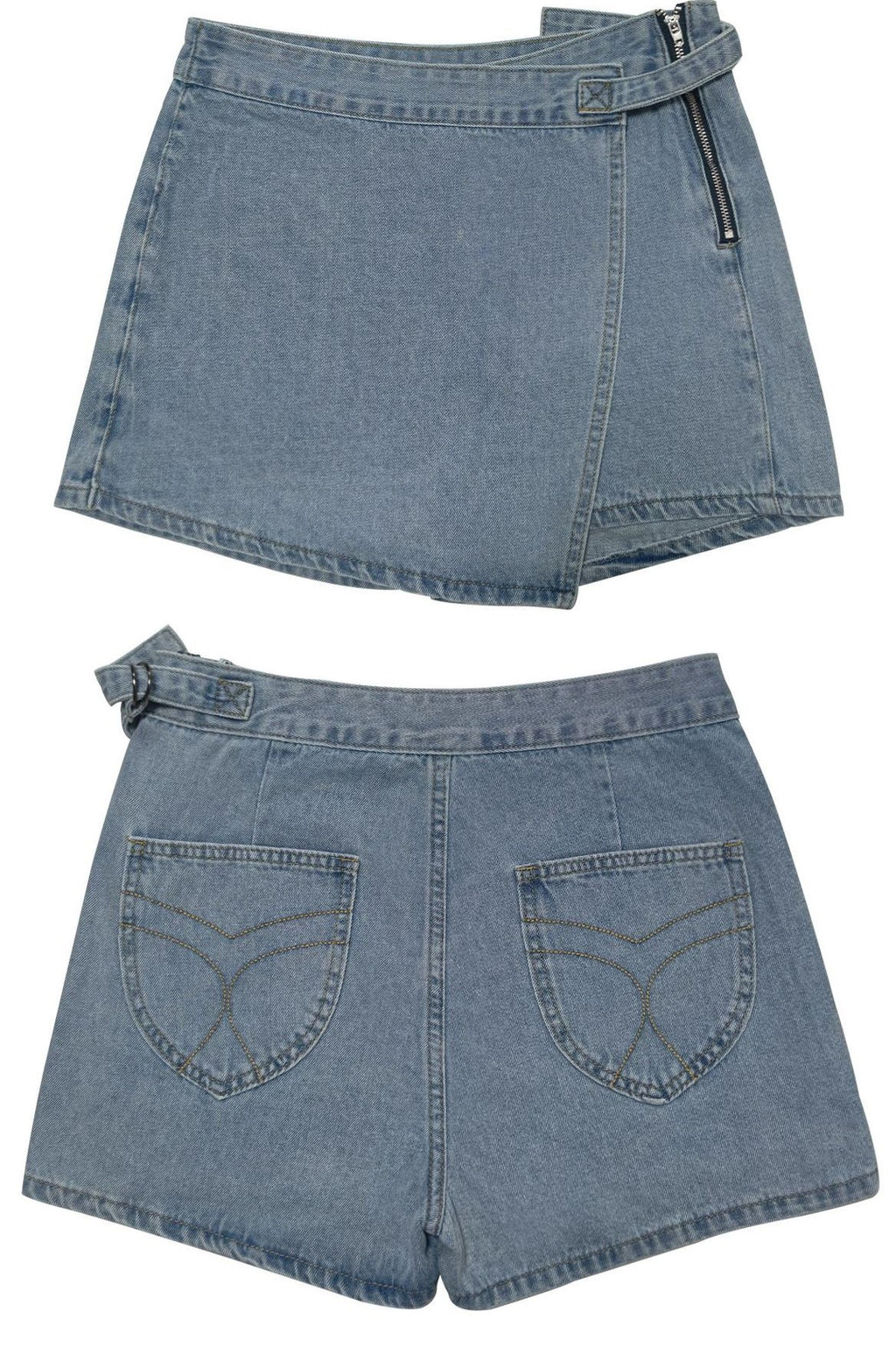 High Waist Asymmetric Wrap Denim Shorts - Blue