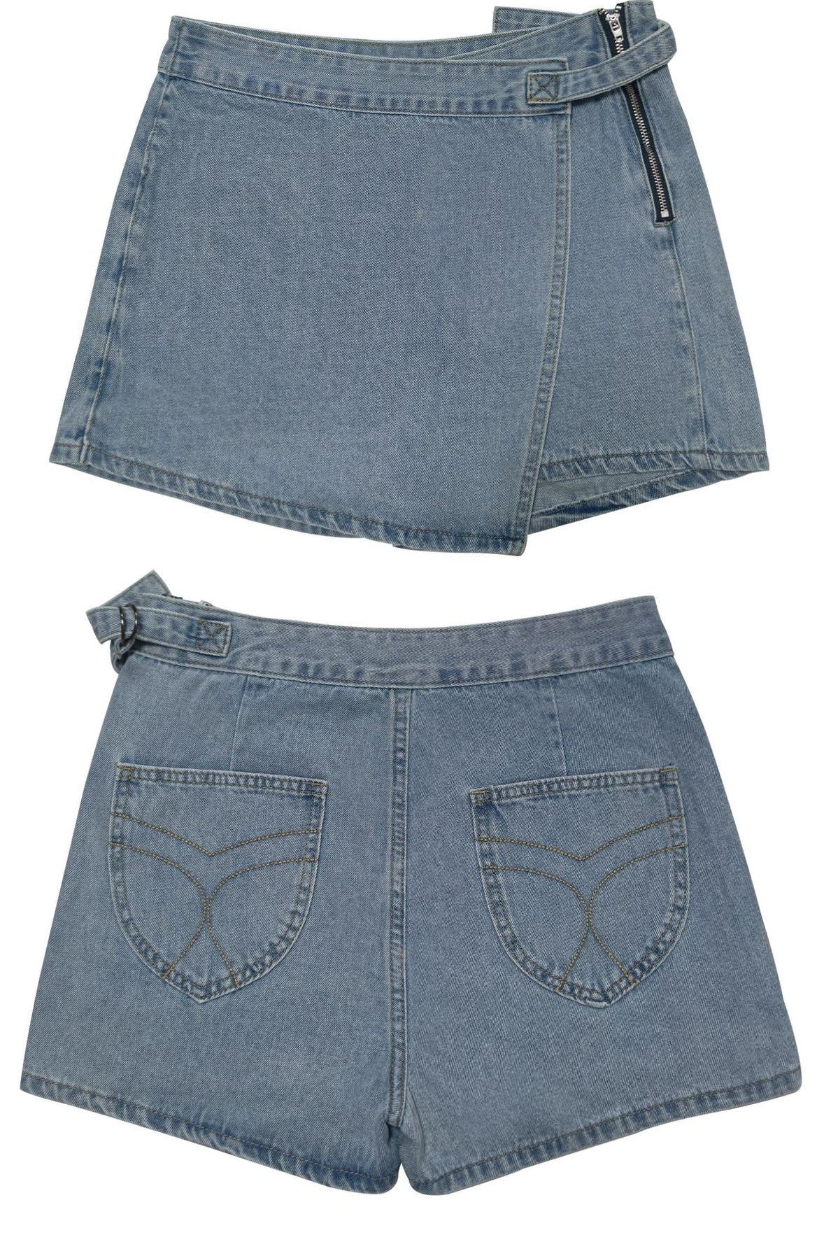 High Waist Asymmetric Wrap Denim Shorts - Blue