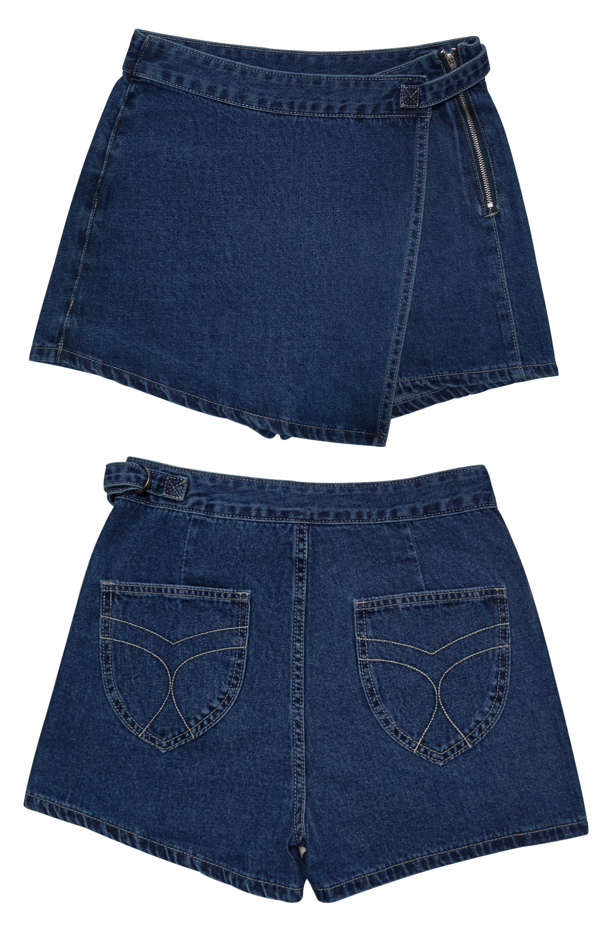 High Waist Asymmetric Wrap Denim Shorts - DarkBlue - 1