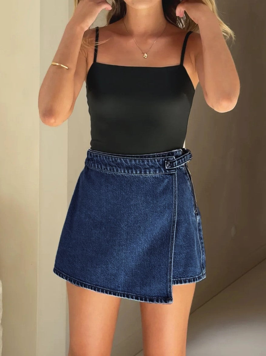 High Waist Asymmetric Wrap Denim Shorts - DarkBlue - 2