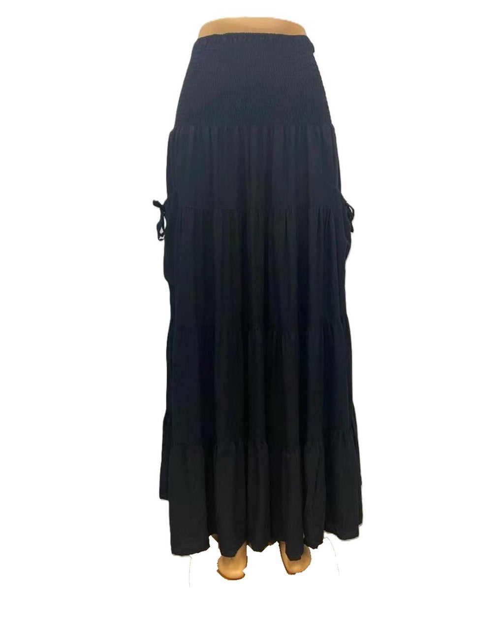 Boho Shirred Waist Tiered Maxi Skirt - Black