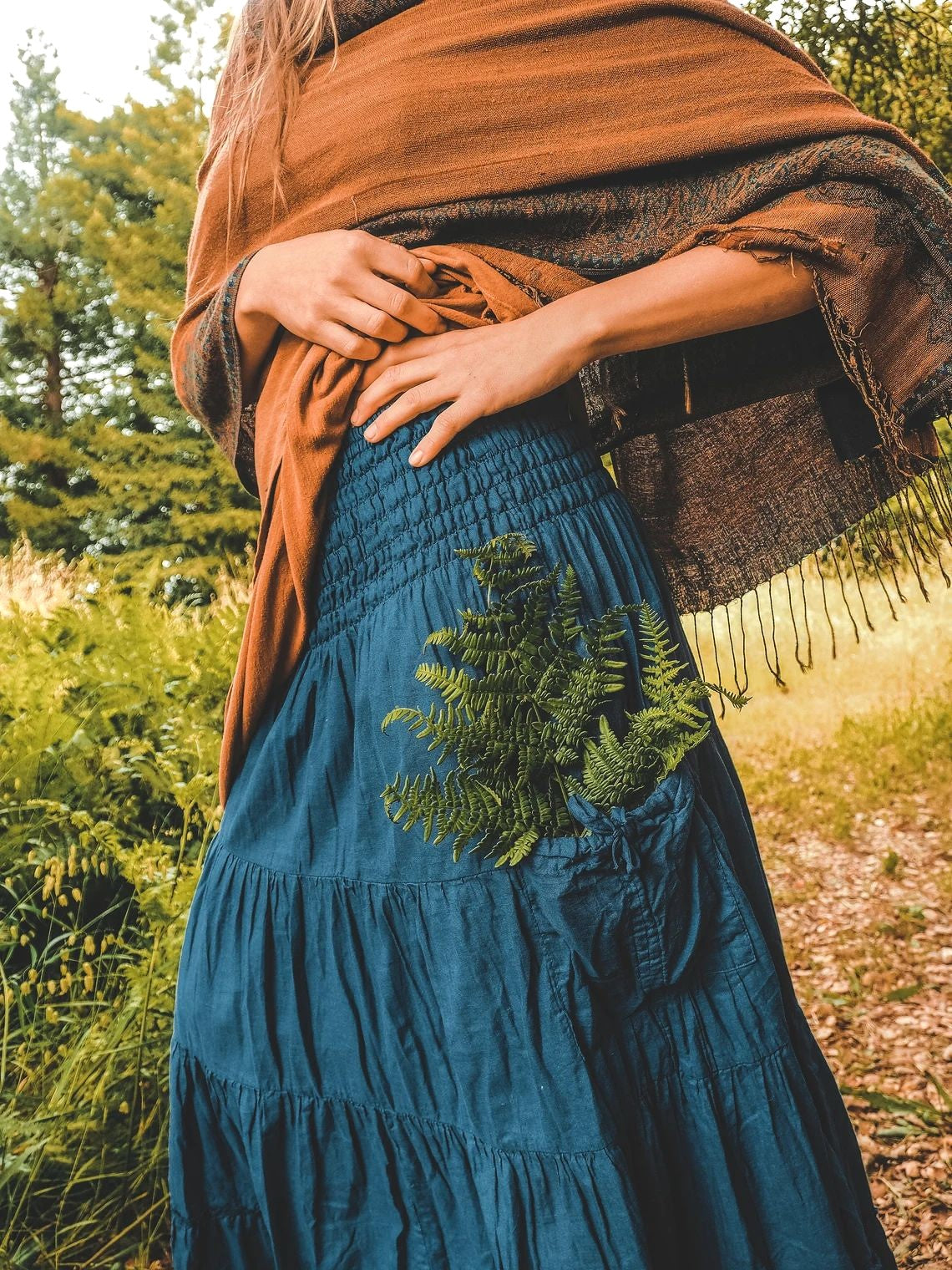 Boho Shirred Waist Tiered Maxi Skirt - Blue - 1