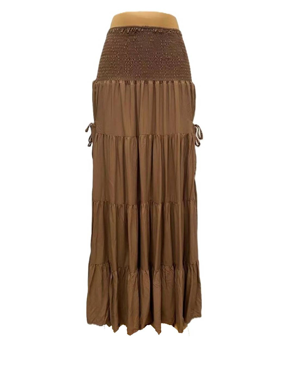 Boho Shirred Waist Tiered Maxi Skirt - Brown