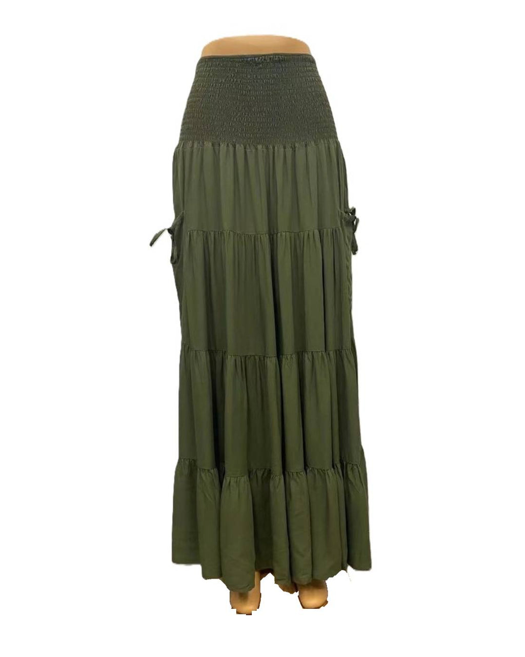 Boho Shirred Waist Tiered Maxi Skirt - Green