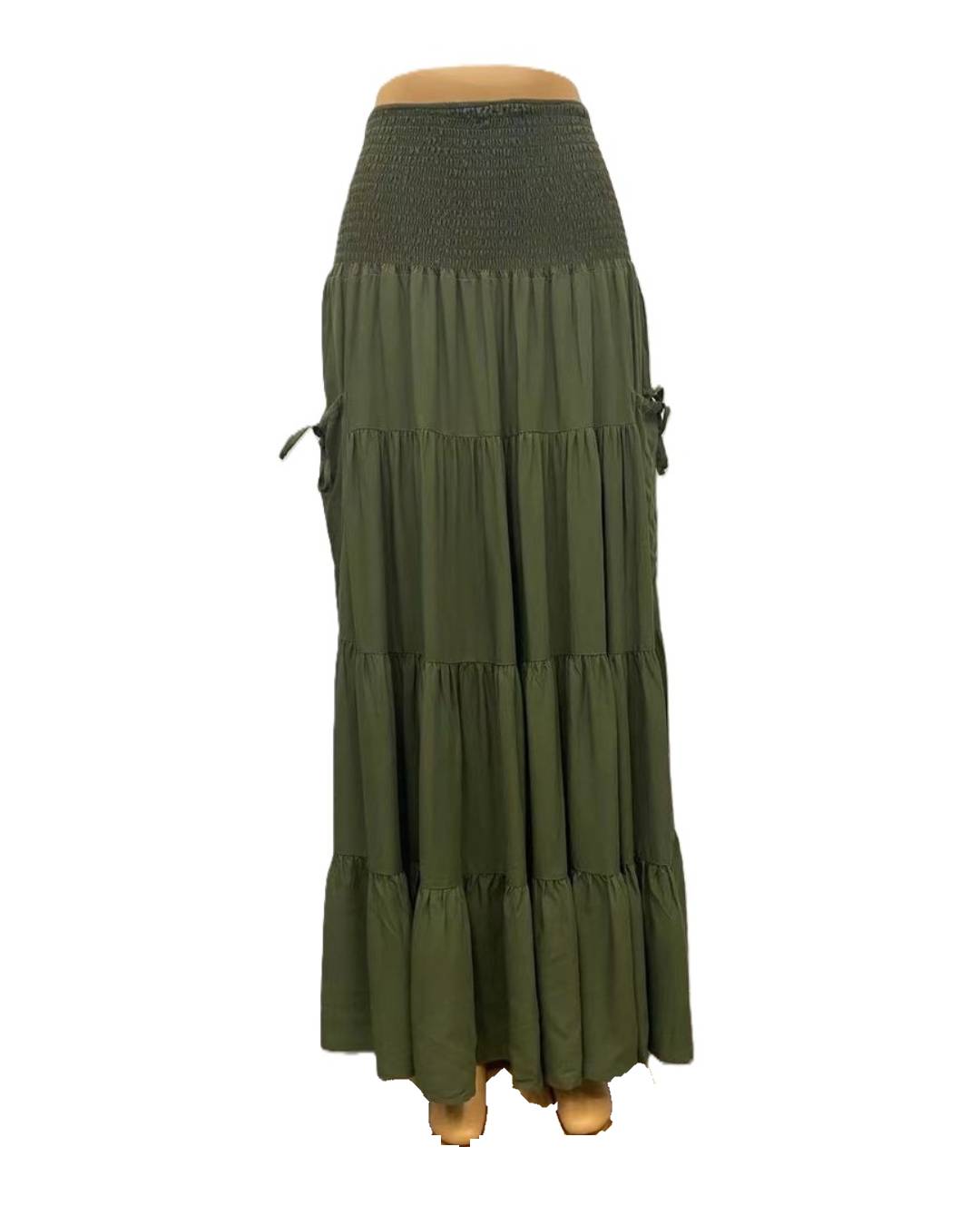 Boho Shirred Waist Tiered Maxi Skirt - Green