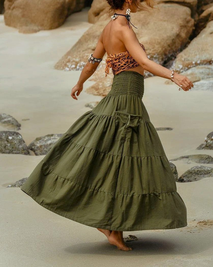 Boho Shirred Waist Tiered Maxi Skirt - Green - 1