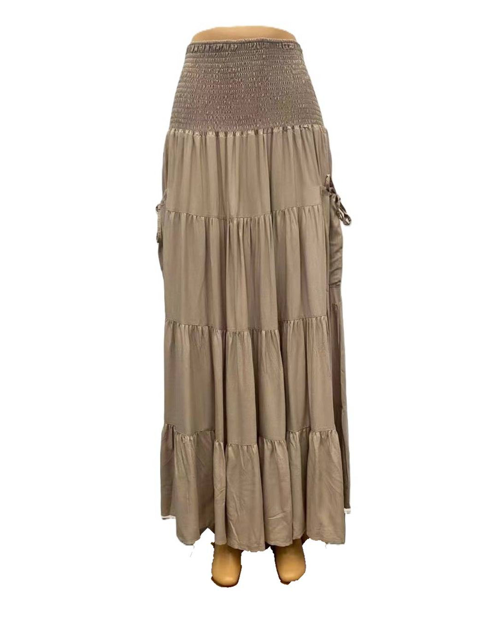 Boho Shirred Waist Tiered Maxi Skirt - Khaki