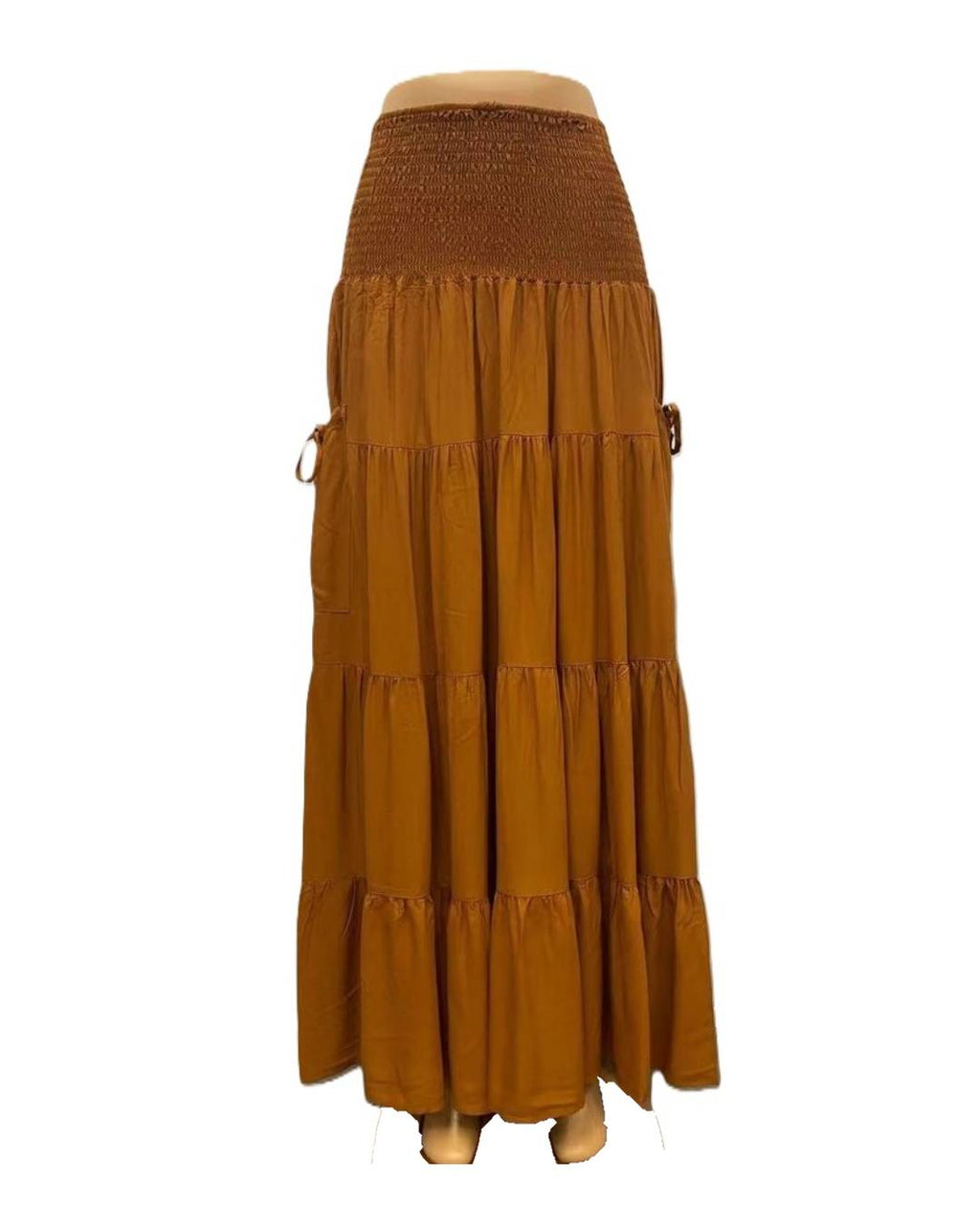 Boho Shirred Waist Tiered Maxi Skirt - Orange - 1