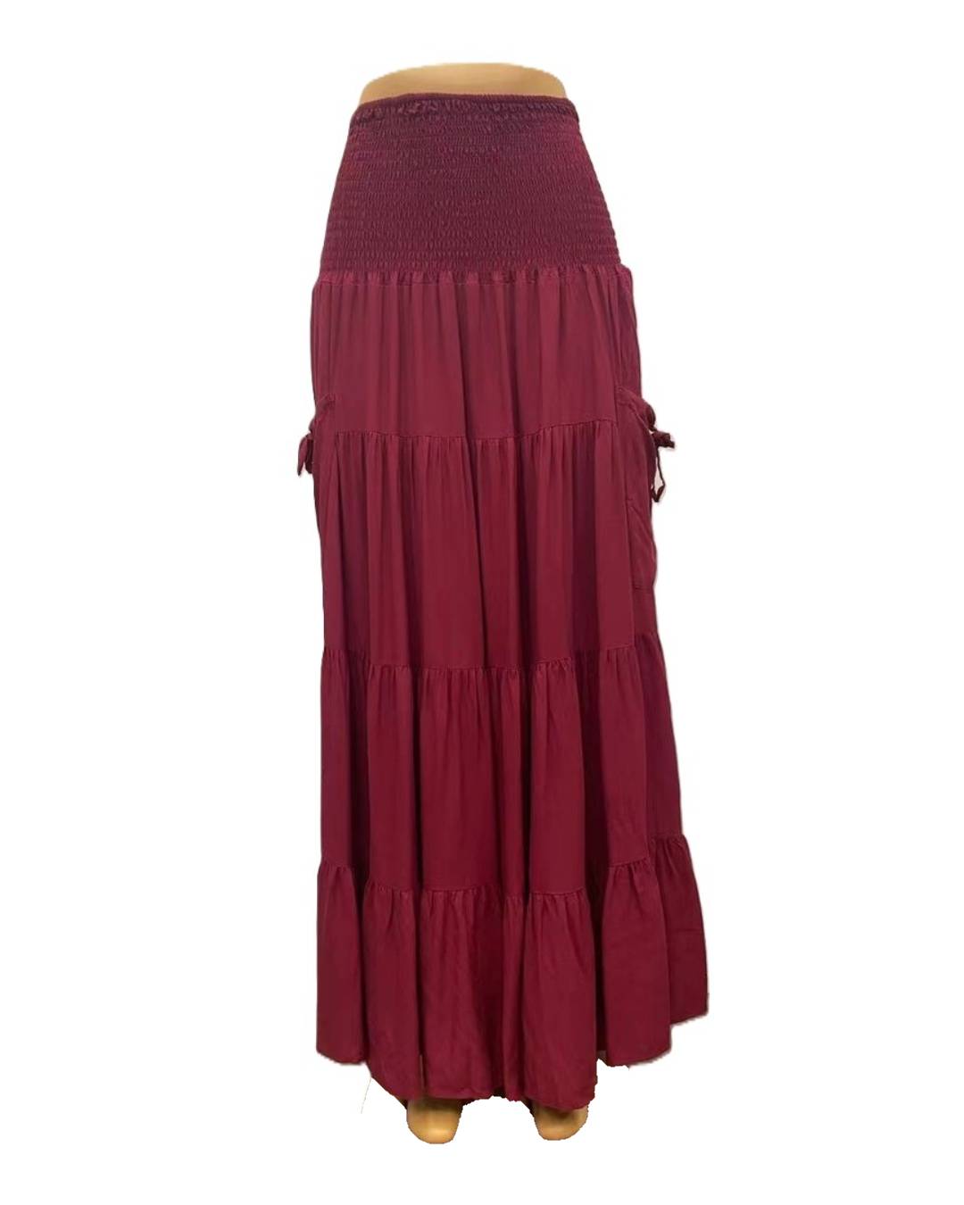 Boho Shirred Waist Tiered Maxi Skirt - Red