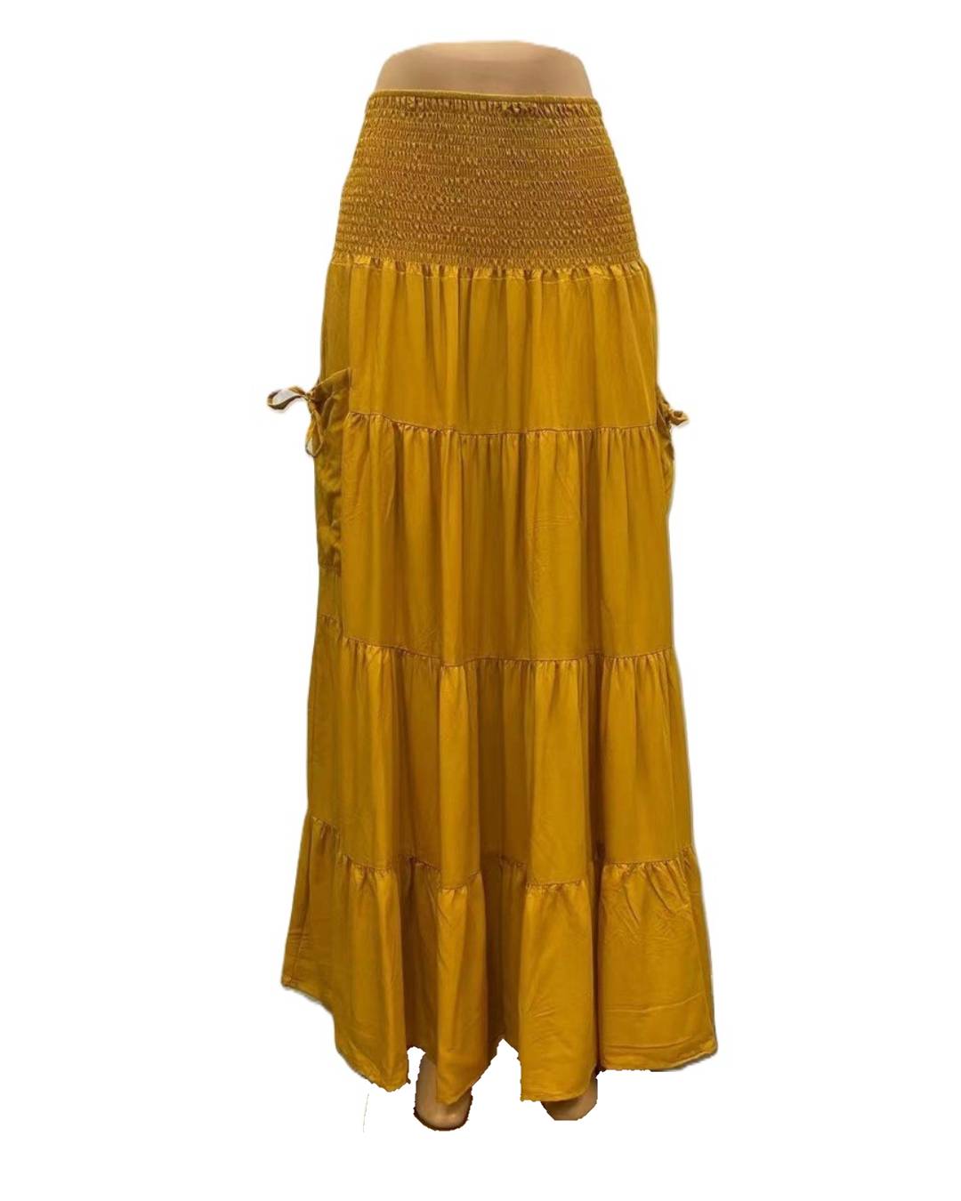 Boho Shirred Waist Tiered Maxi Skirt - Turmeric