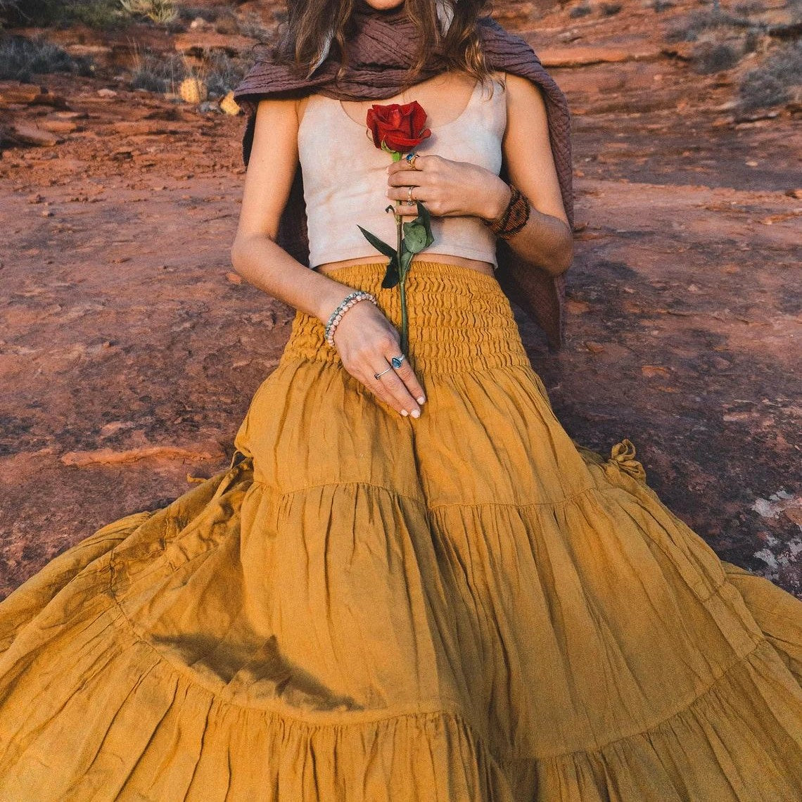 Boho Shirred Waist Tiered Maxi Skirt - Turmeric - 1