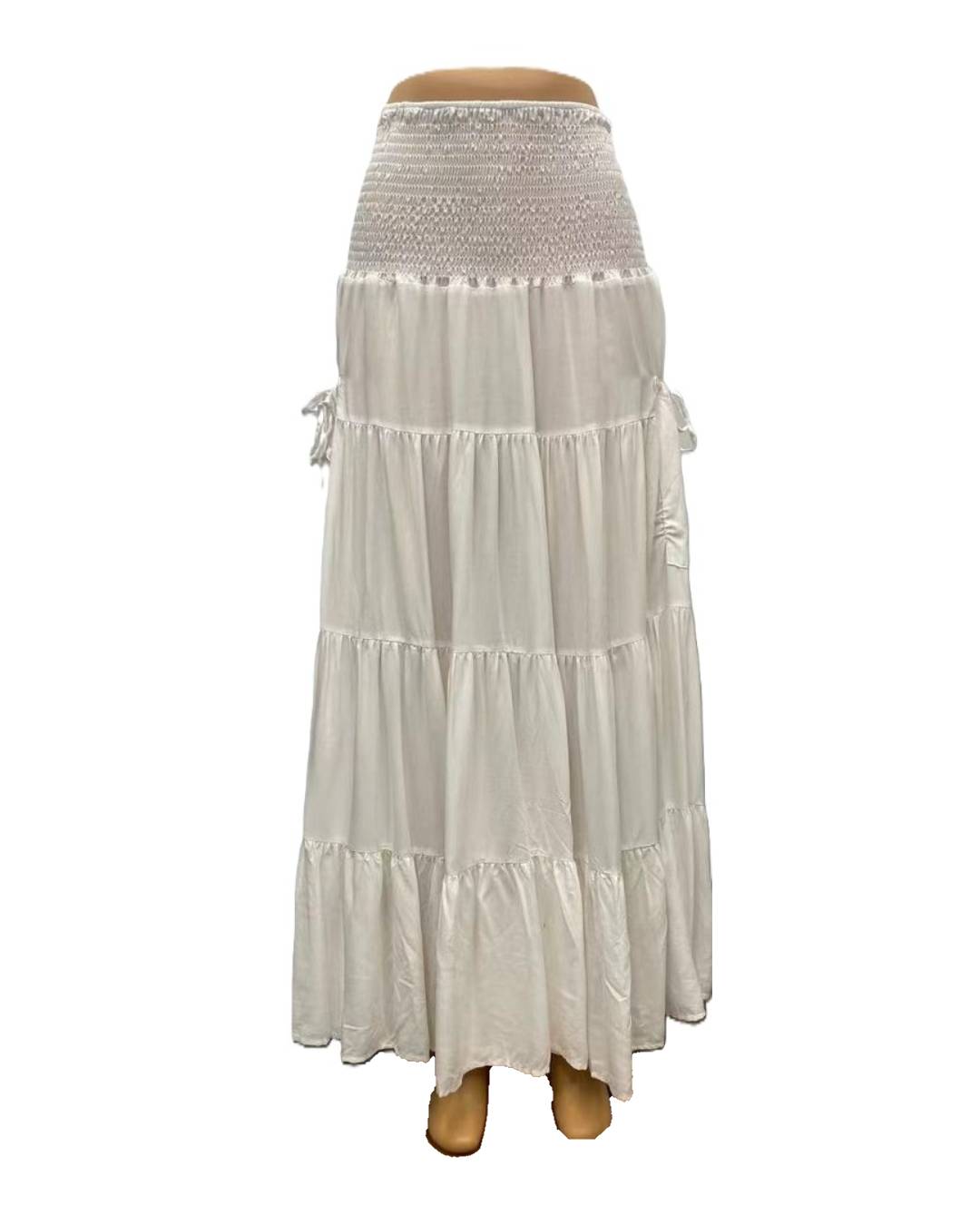 Boho Shirred Waist Tiered Maxi Skirt - White