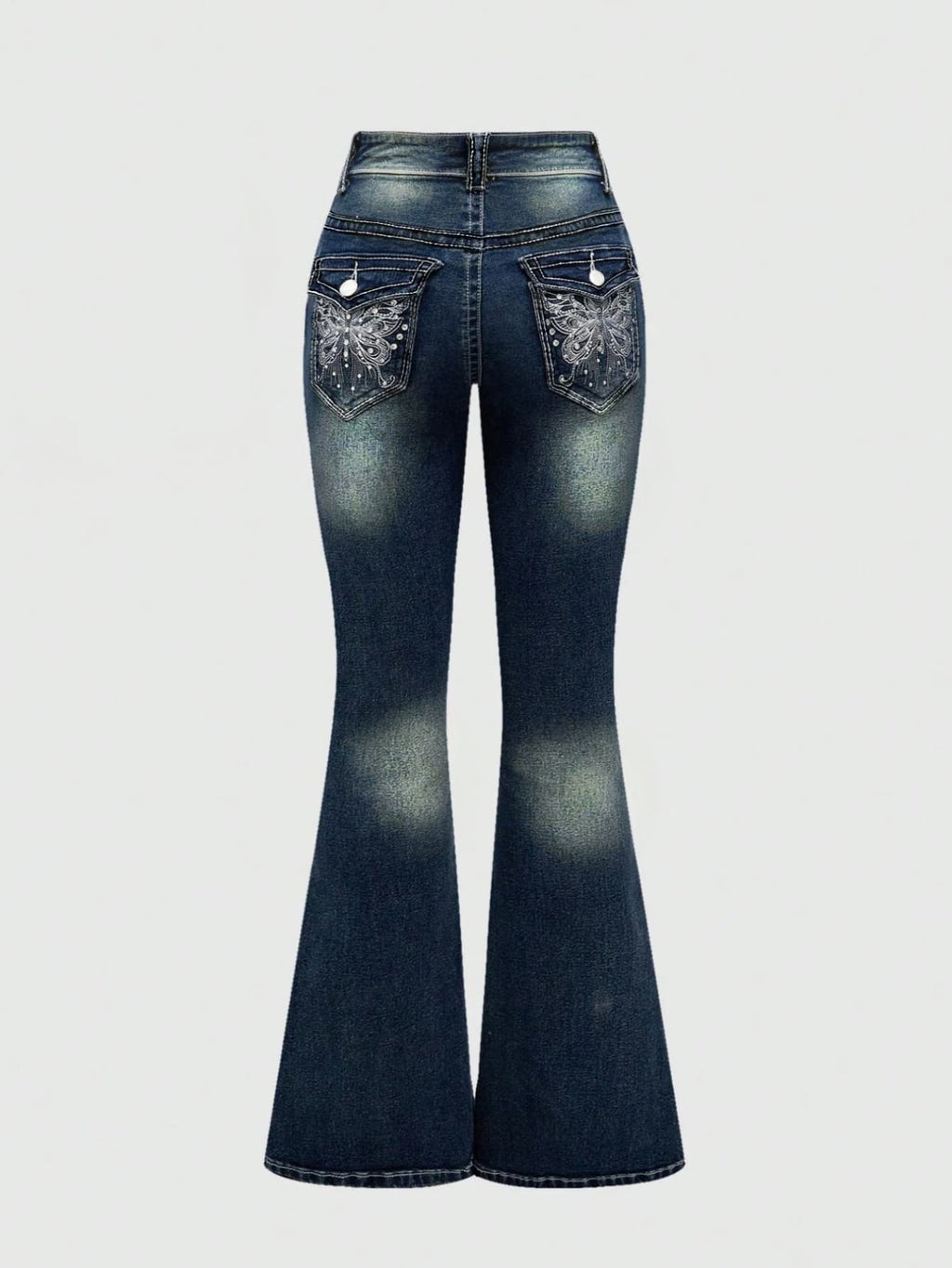 Rhinestone Butterfly Pocket Flare Jeans - Blue
