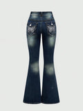 Rhinestone Butterfly Pocket Flare Jeans - Blue