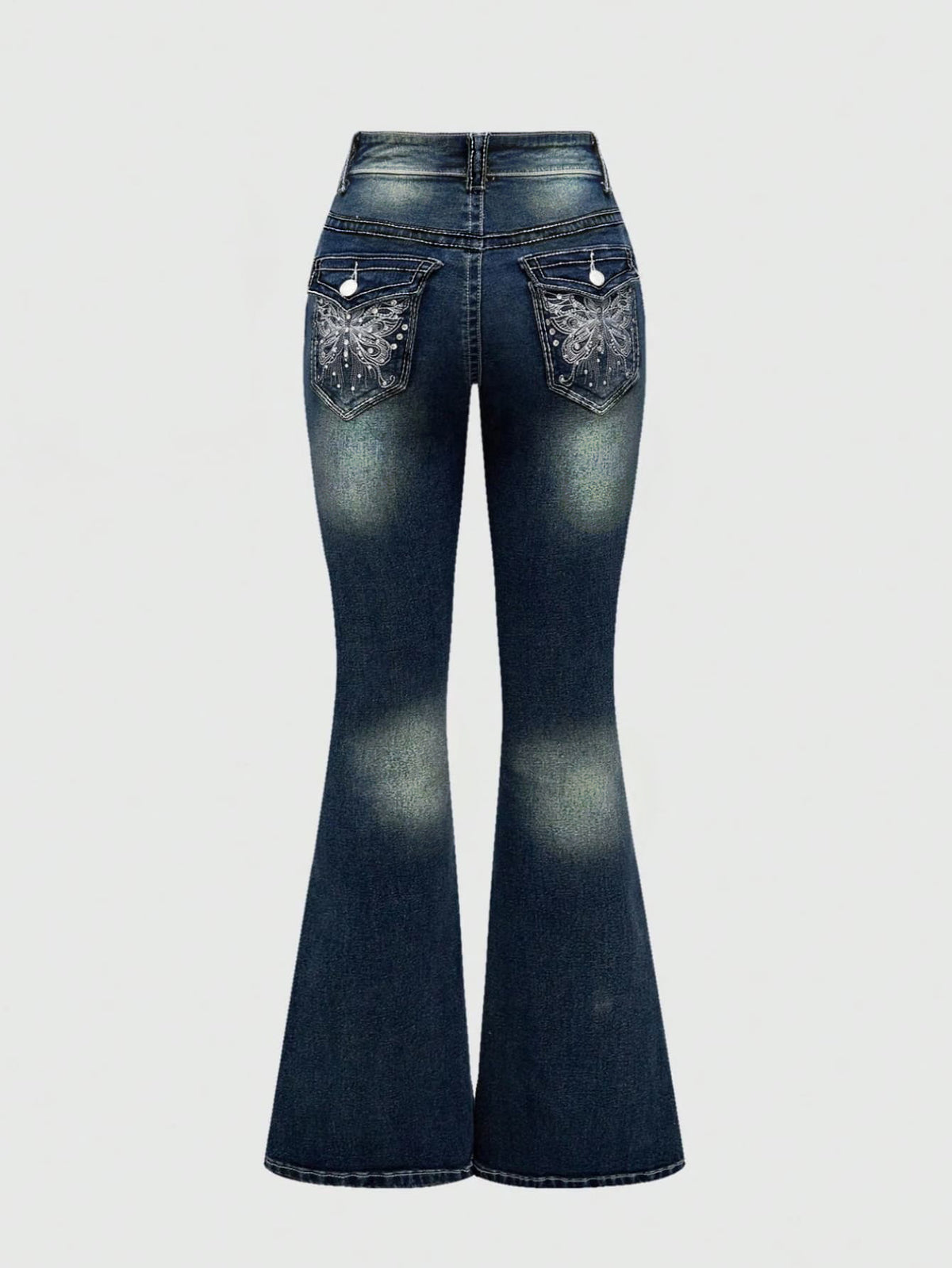 Rhinestone Butterfly Pocket Flare Jeans - Blue