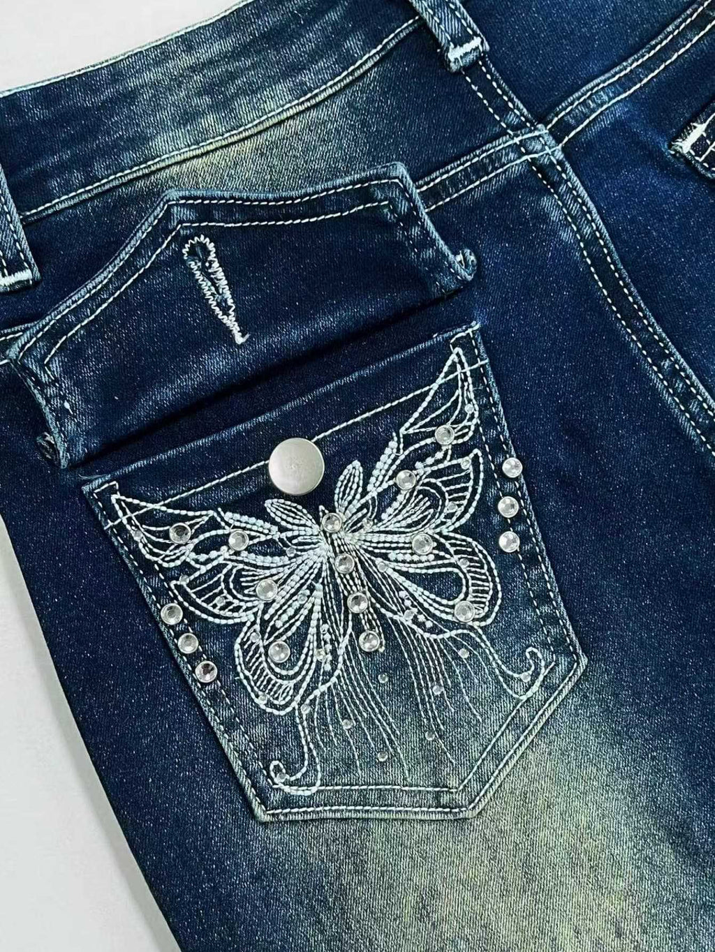 Rhinestone Butterfly Pocket Flare Jeans - Blue - 2