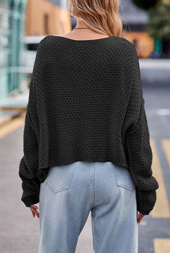 Boat Neck Cable Knit Oversized Sweater - Black - 1