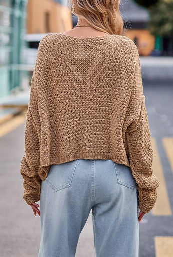 Boat Neck Cable Knit Oversized Sweater - Khaki - 1