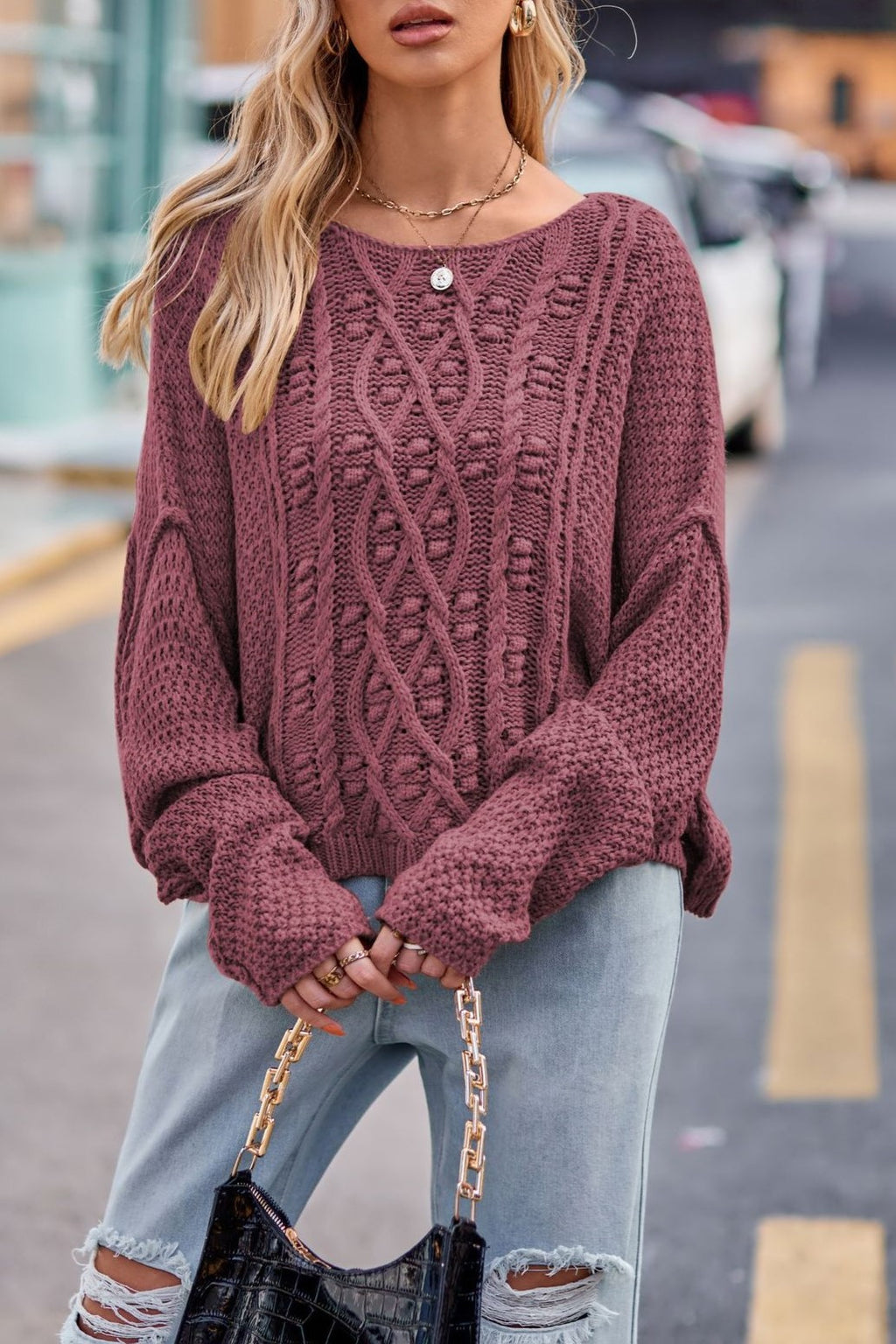 Boat Neck Cable Knit Oversized Sweater - Purple
