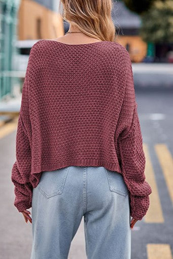 Boat Neck Cable Knit Oversized Sweater - Purple - 1