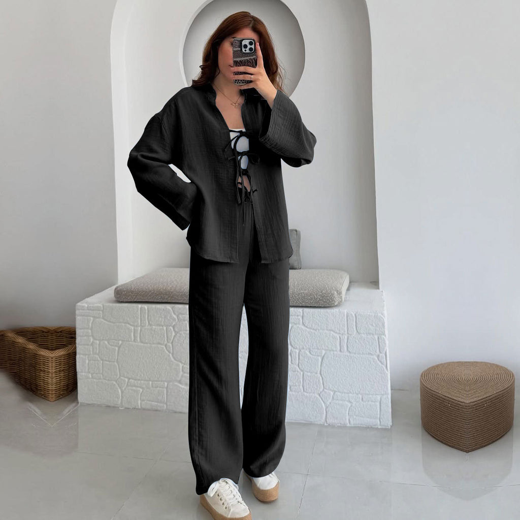 Textured Cotton Cardigan And Trouser Set - Black