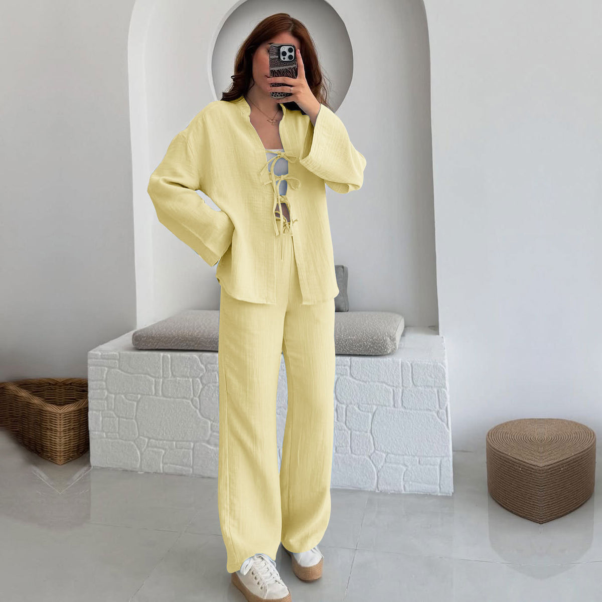 Textured Cotton Cardigan And Trouser Set - Yellow