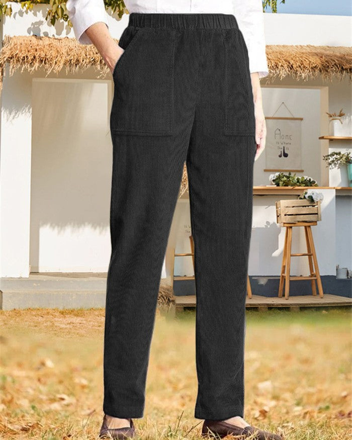 Elastic Waist Corduroy Straight Leg Trousers - Black