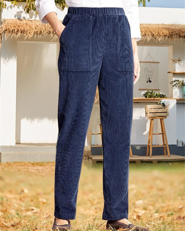 Elastic Waist Corduroy Straight Leg Trousers - Blue