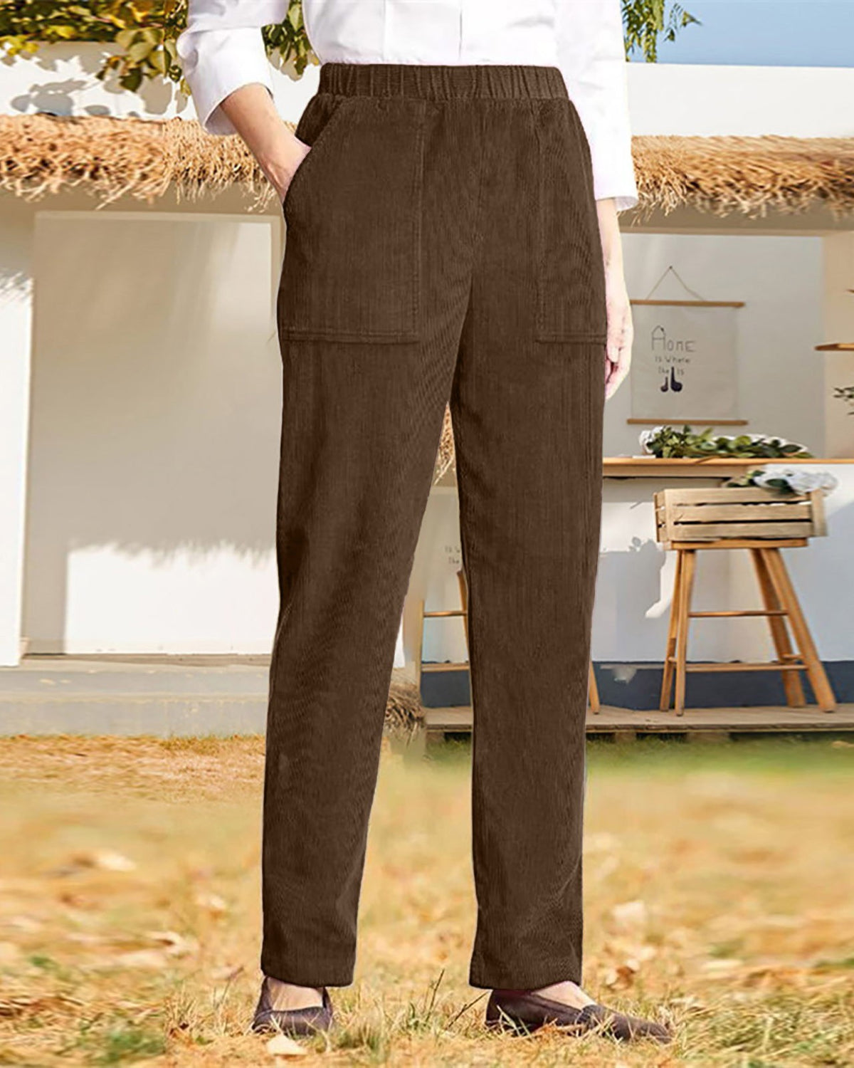 Elastic Waist Corduroy Straight Leg Trousers - DarkBrown