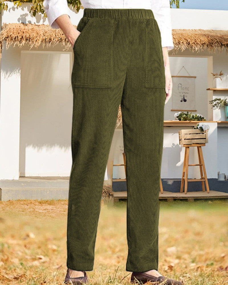Elastic Waist Corduroy Straight Leg Trousers - Green