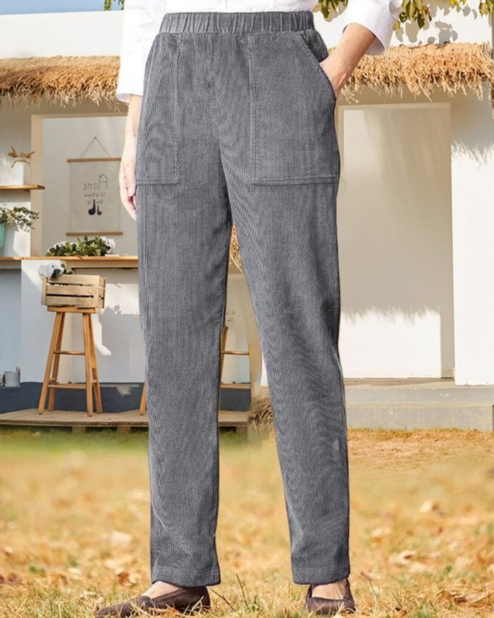 Elastic Waist Corduroy Straight Leg Trousers - Grey