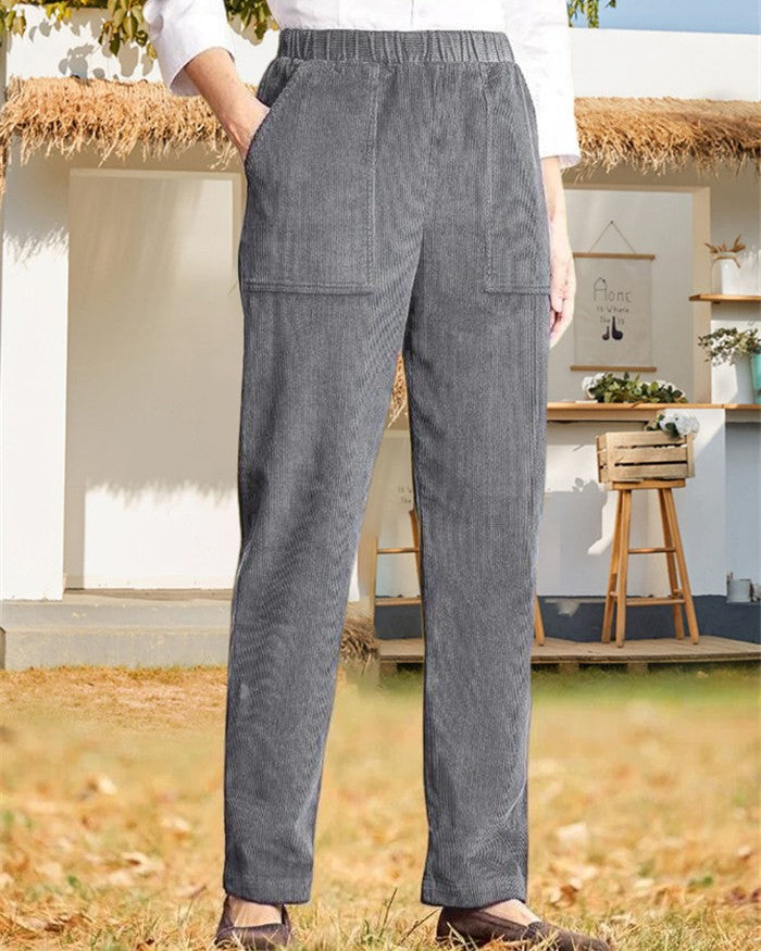Elastic Waist Corduroy Straight Leg Trousers - Grey - 1