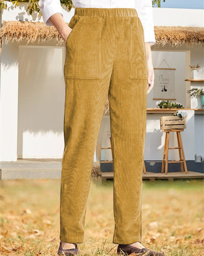Elastic Waist Corduroy Straight Leg Trousers - Khaki